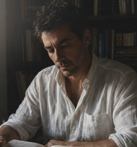 David at his desk, reading