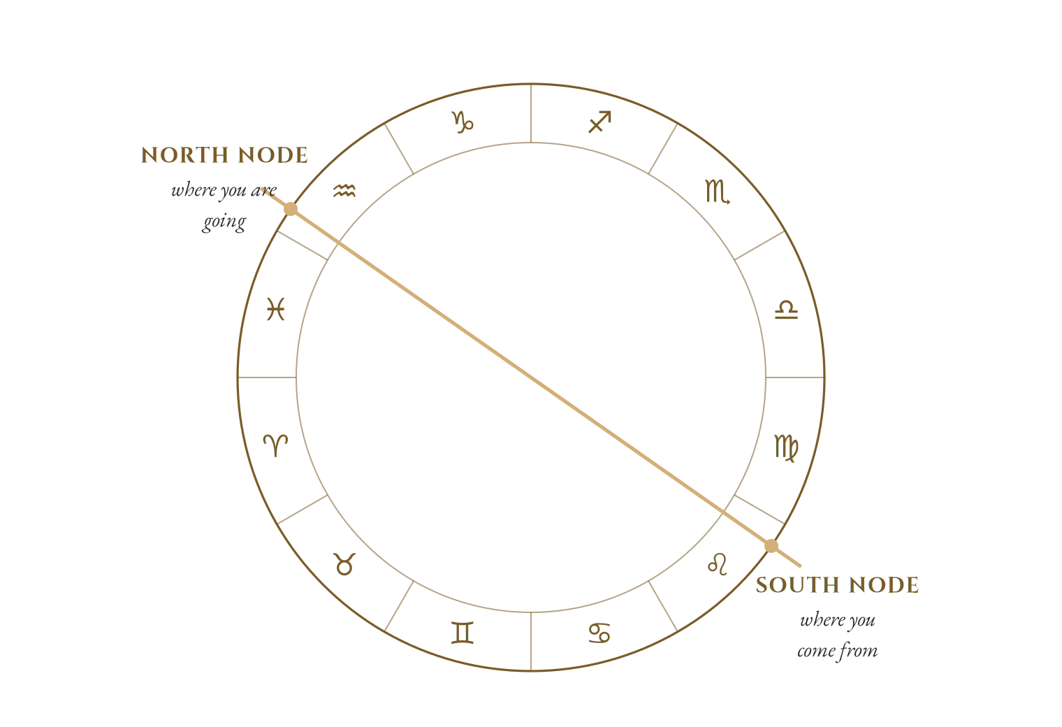 A birth chart wheel with a single straight line drawn across the centre from rim to rim. One end is labelled North Node, where you are going; the opposite end is the South Node, where you come from. The twelve zodiac signs run around the rim.