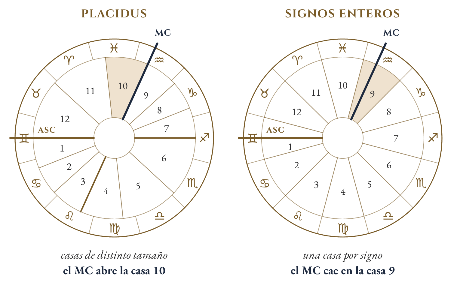La misma carta dibujada con dos sistemas de casas. Con Placidus las casas tienen tamaños distintos y el Medio Cielo abre la casa 10. Con signos enteros cada casa es un signo completo, empezando por Géminis en la casa 1, y el Medio Cielo, en Acuario, cae dentro de la casa 9.