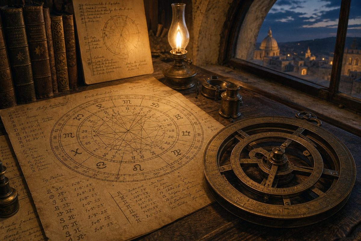 Una carta natal antigua dibujada sobre papel envejecido junto a un astrolabio de latón, a la luz de un quinqué