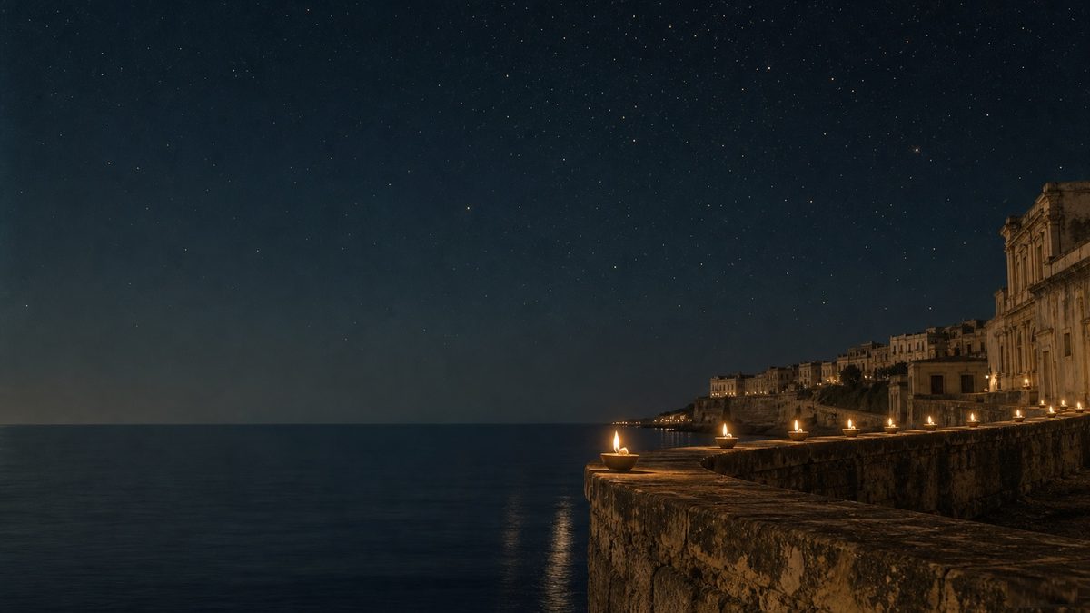 Pequeñas lámparas de aceite encendidas a lo largo de un viejo muro junto al mar, de noche, bajo un campo de estrellas