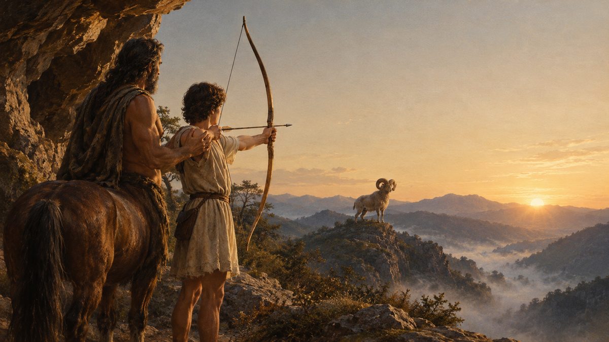 A centaur rests a hand on the shoulder of a young archer drawing his bow toward a ram on a ridge at sunrise