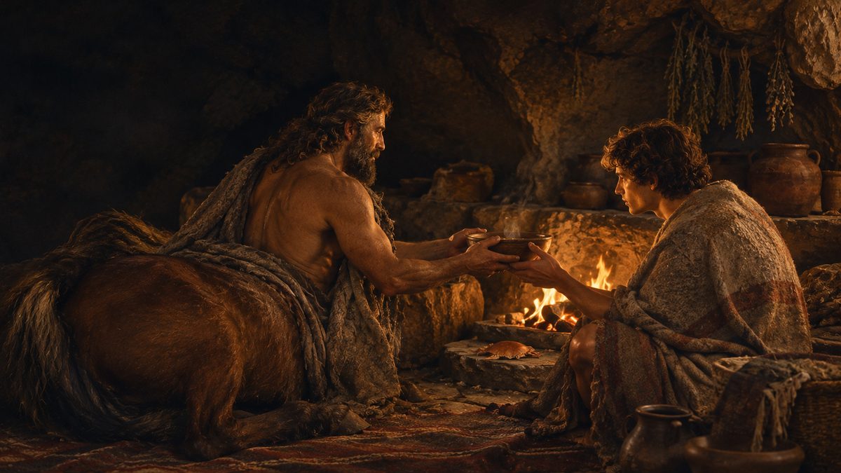 By the fire in a cave, a centaur hands a steaming bowl to a young man wrapped in a blanket, with a small crab on the stone hearth