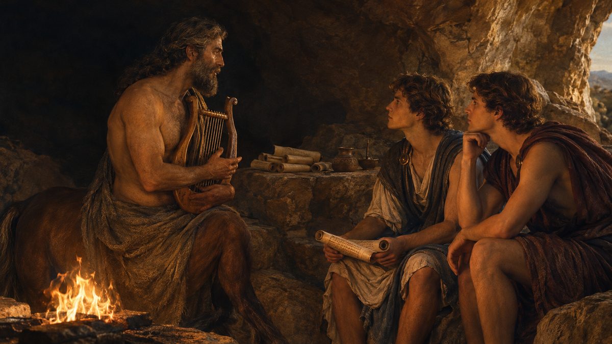 En una cueva iluminada por el fuego, un centauro con una lira enseña a dos jóvenes gemelos, uno de ellos con un pergamino en las manos