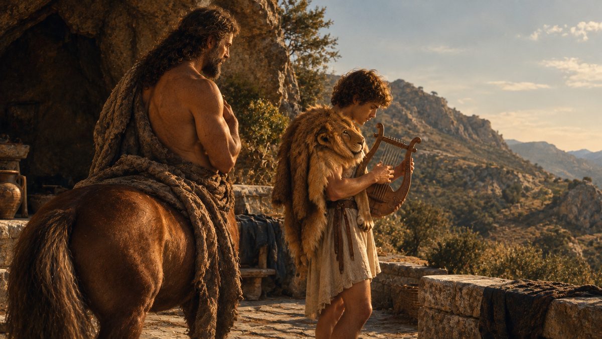 A young man wearing a lion skin plays a lyre on a sunlit stone terrace while a centaur stands beside him, listening