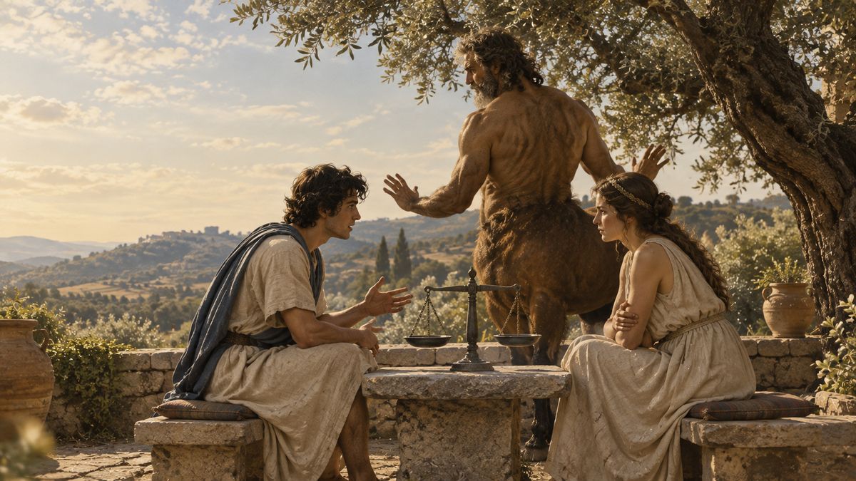 Under an olive tree on a stone terrace, a centaur stands between a young man and a young woman seated at a table with a pair of scales, holding out his open hands