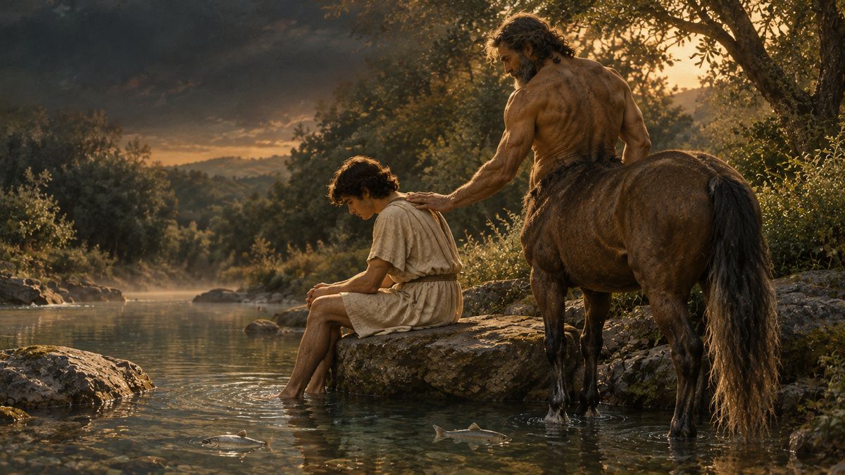 By a river at dusk, a centaur rests a hand on the shoulder of a young man sitting on a rock with his feet in the water, as two fish swim past