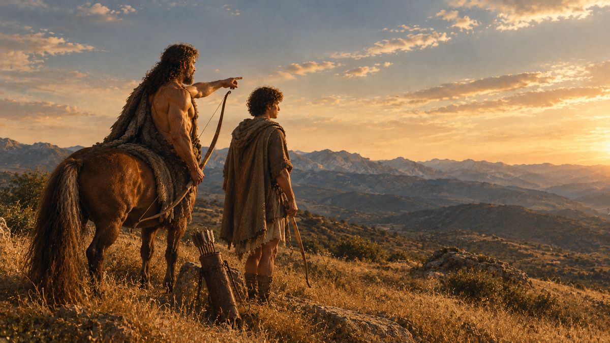 En una colina de hierba al atardecer, un centauro con un arco señala el horizonte junto a un joven arquero, con un carcaj de flechas a sus pies