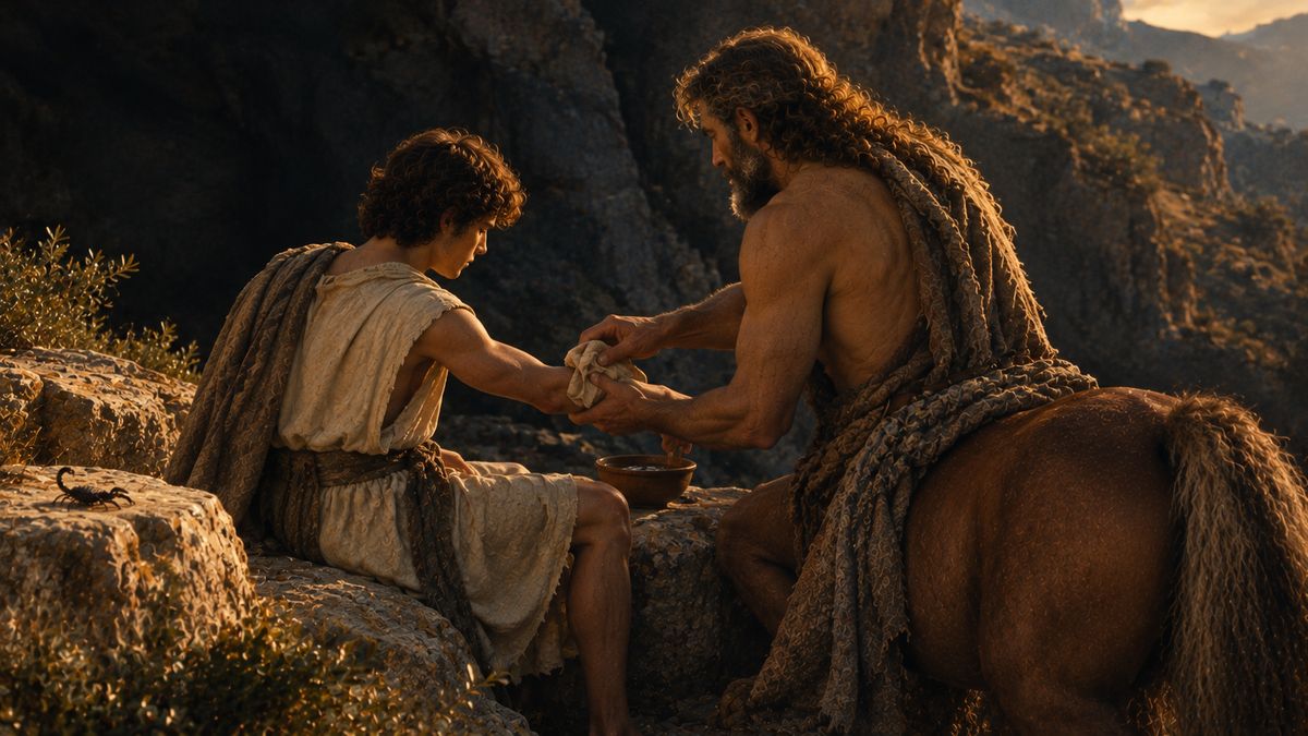 On a rocky ledge at sunset, a centaur wraps a cloth around a young man's forearm beside a bowl of water, while a scorpion rests on the stone nearby