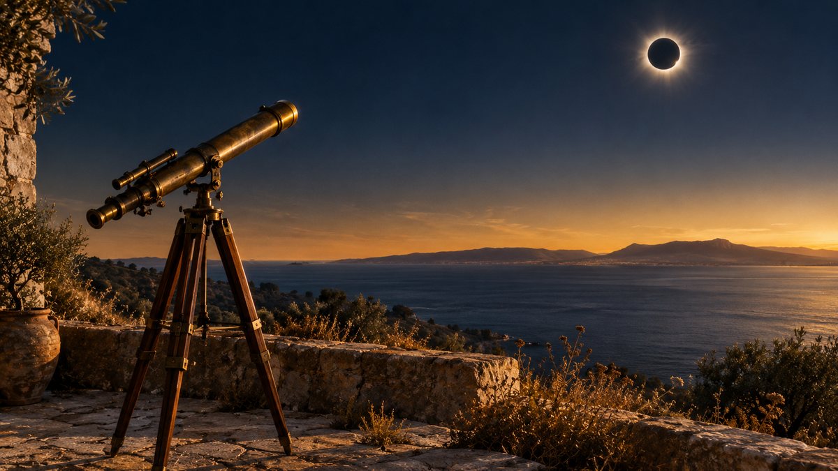 Un telescopio de latón sobre un trípode de madera, en una terraza de piedra junto al mar, bajo un eclipse total de Sol en un cielo índigo con el horizonte ámbar