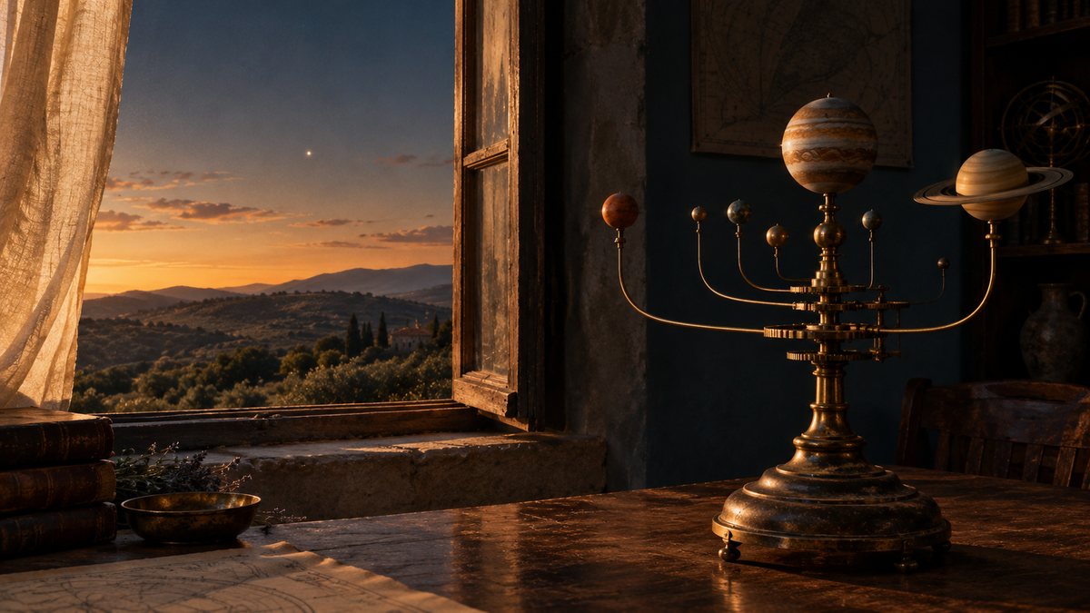 A brass orrery with Mars, Jupiter and Saturn on a wooden desk beside an open window, with olive hills and a bright planet in the dusk sky outside