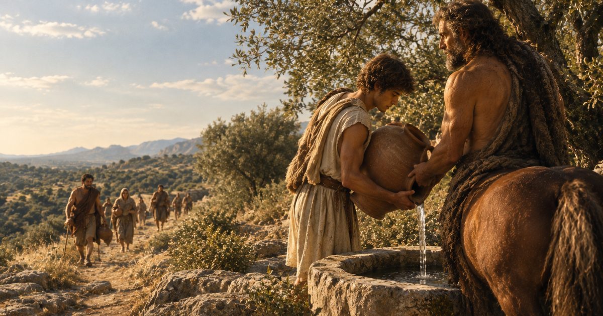 Bajo un olivo, un joven vierte agua de un cántaro en un abrevadero de piedra junto a un centauro, mientras unos caminantes con cántaros suben por el sendero