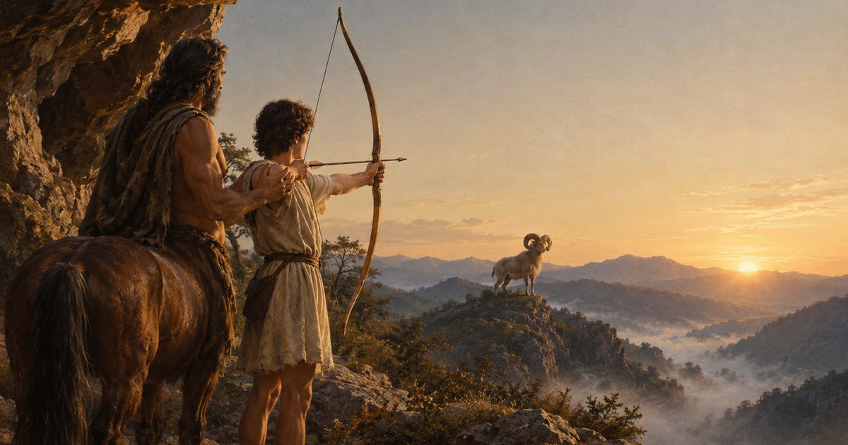 A centaur rests a hand on the shoulder of a young archer drawing his bow toward a ram on a ridge at sunrise