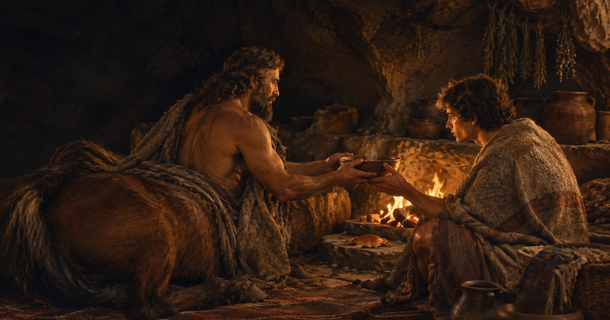 By the fire in a cave, a centaur hands a steaming bowl to a young man wrapped in a blanket, with a small crab on the stone hearth