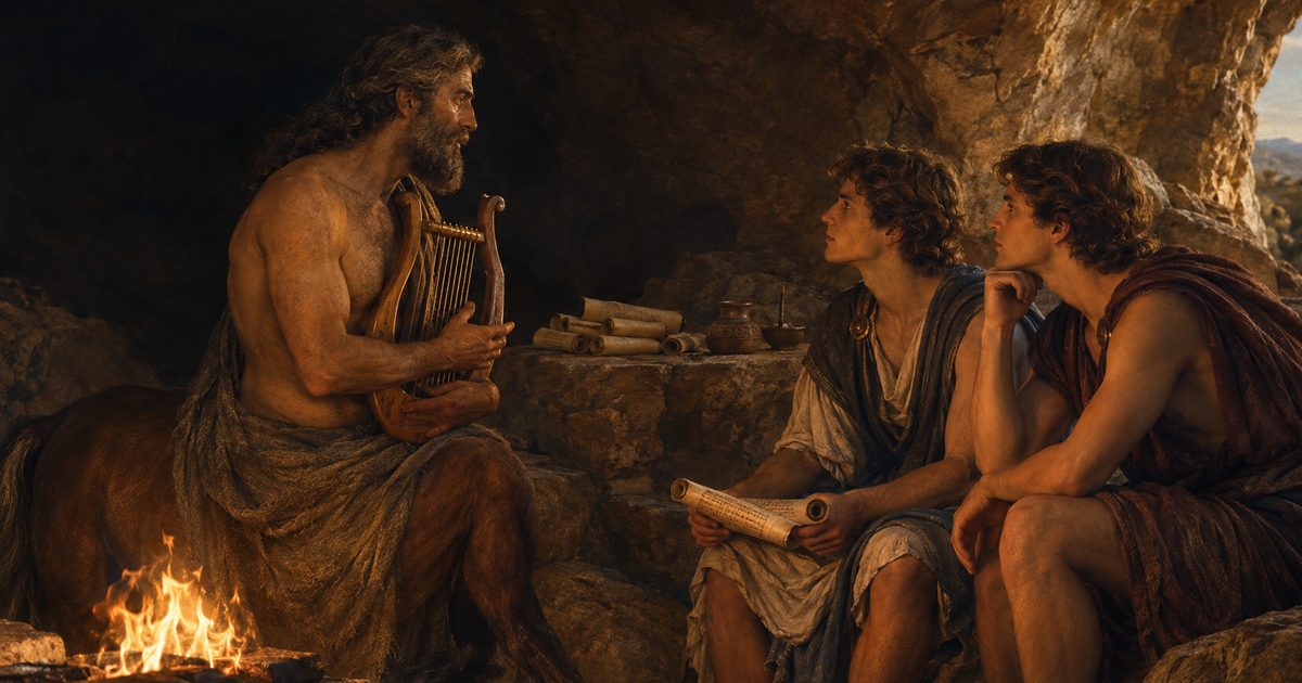 In a firelit cave, a centaur holding a lyre teaches two young twins, one of them with a scroll in his hands