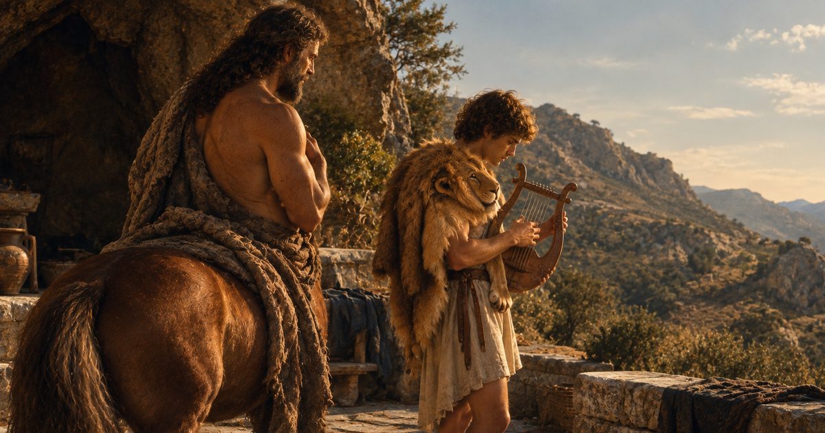 A young man wearing a lion skin plays a lyre on a sunlit stone terrace while a centaur stands beside him, listening