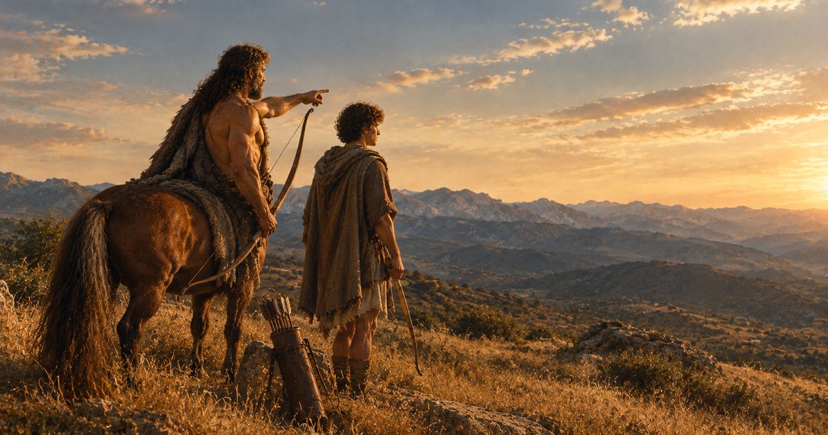 En una colina de hierba al atardecer, un centauro con un arco señala el horizonte junto a un joven arquero, con un carcaj de flechas a sus pies