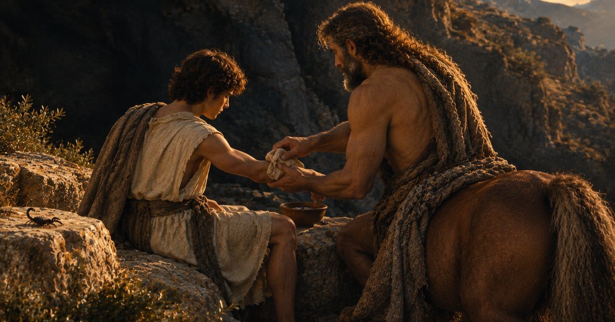 En una cornisa rocosa al atardecer, un centauro envuelve con un paño el antebrazo de un joven junto a un cuenco de agua, mientras un escorpión descansa en la piedra