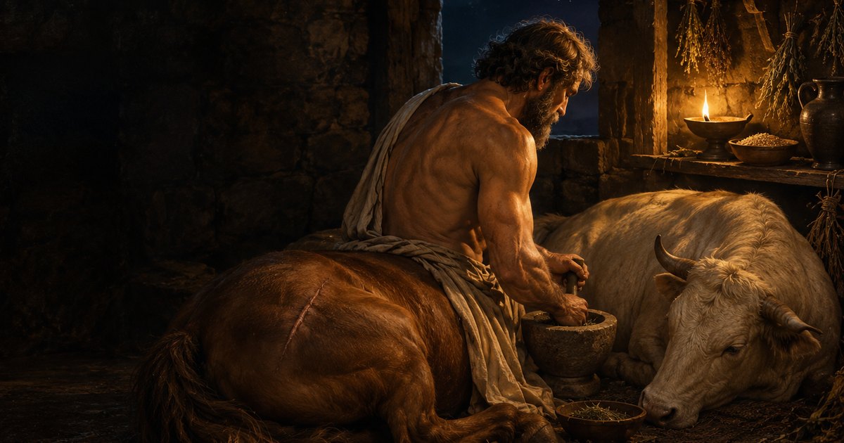 A centaur with a scar on his flank grinds herbs by candlelight beside a resting white bull