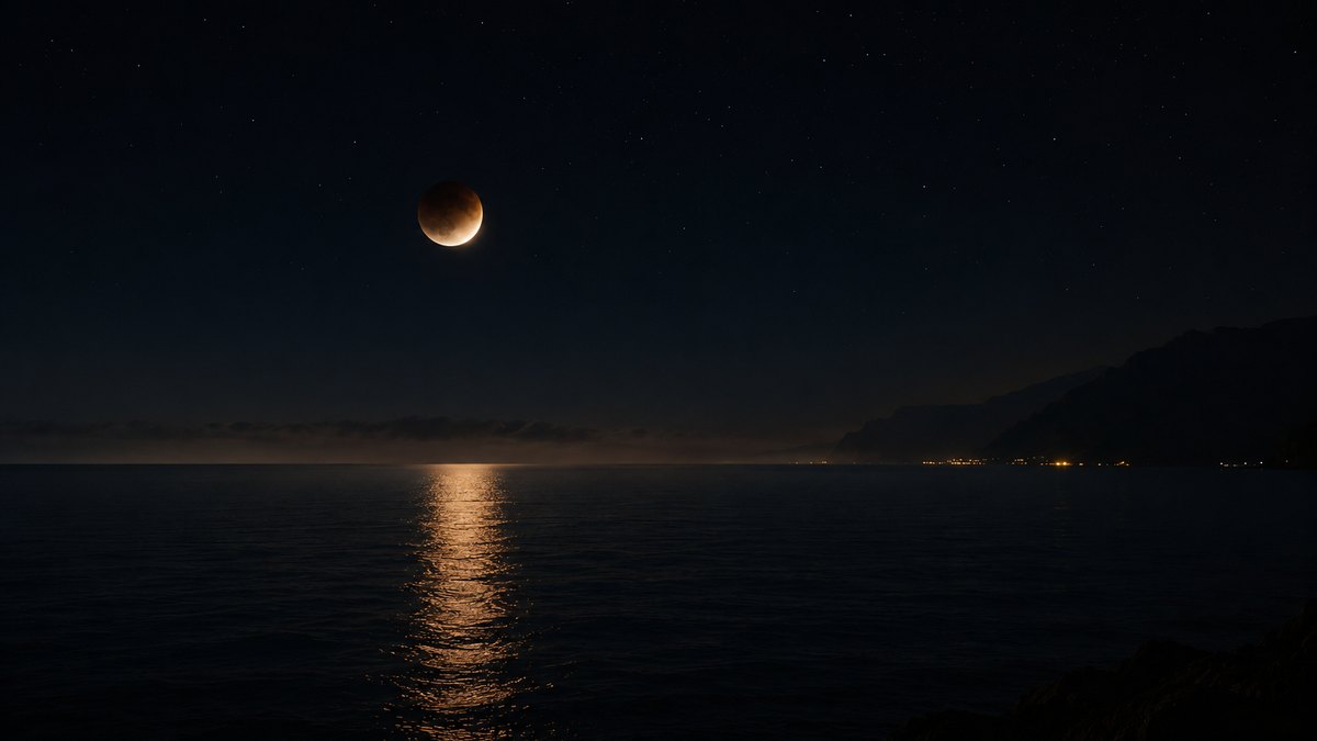 A partial lunar eclipse low over a calm Mediterranean sea at night, the coppery moon casting an amber path across the water