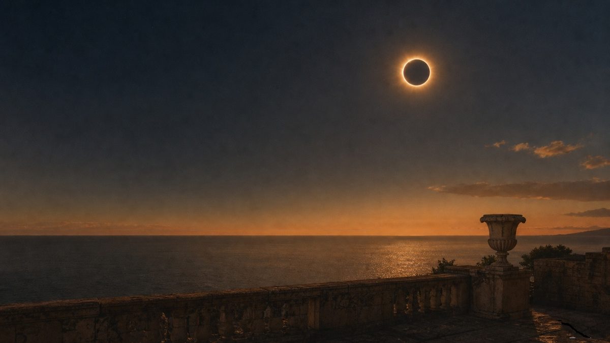 A total solar eclipse over a calm sea at dusk, seen from an old stone terrace