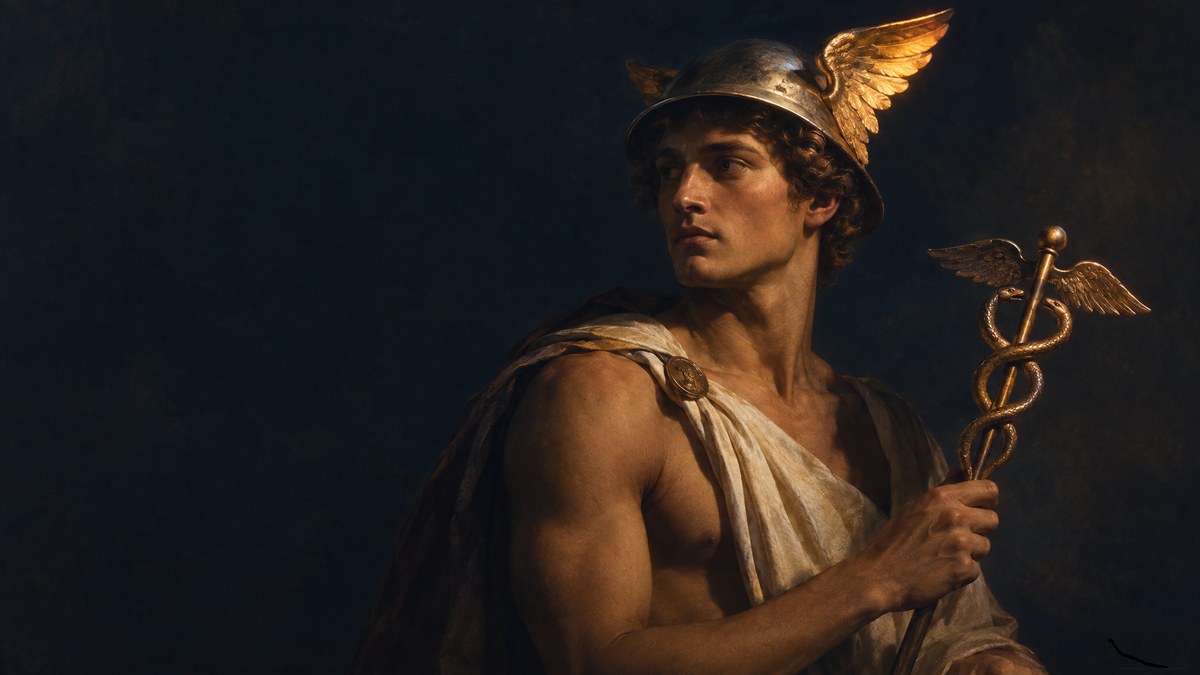 A classical painting of the god Mercury in a winged helmet, holding a caduceus, lit warm gold against a deep indigo background