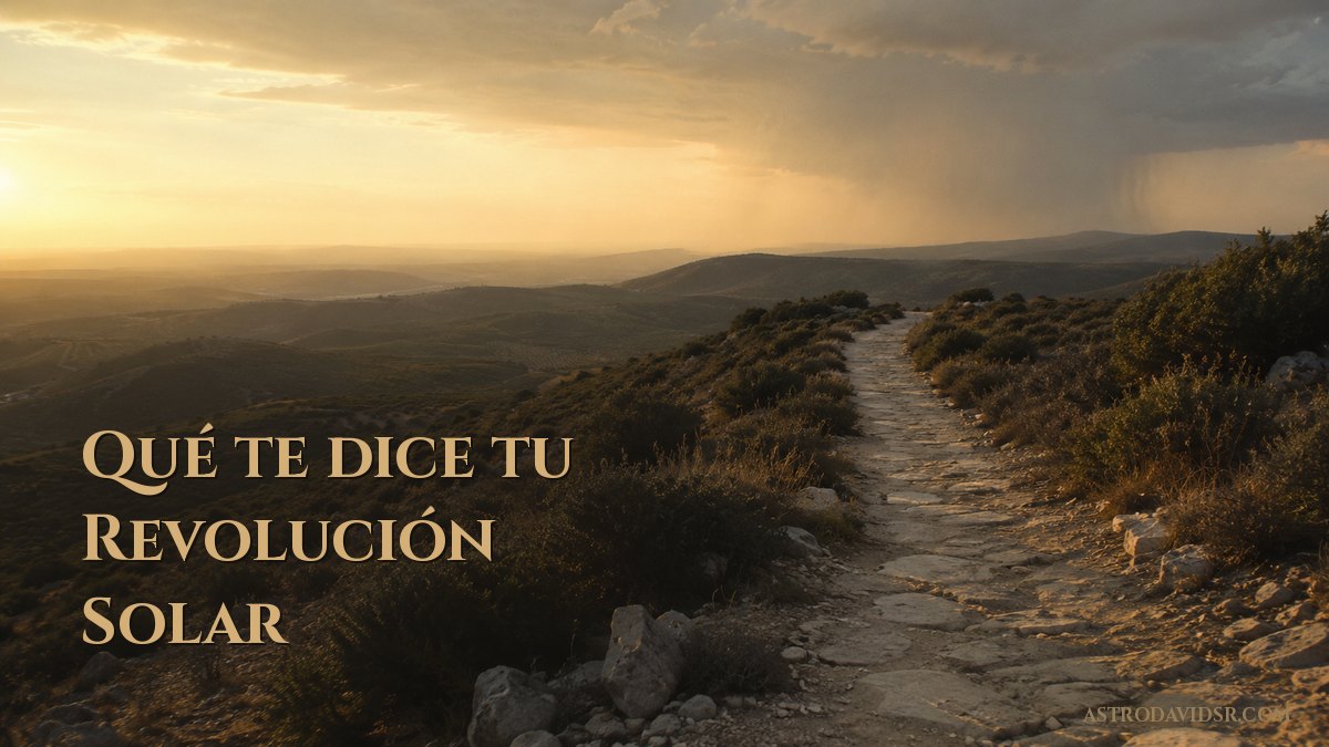 Un camino de piedra que se aleja hacia un frente de lluvia lejano, al amanecer