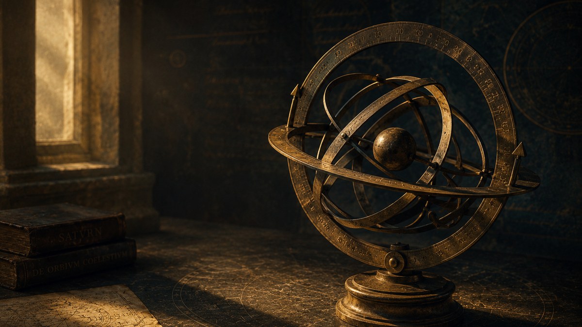 A weathered bronze armillary sphere on a dark table in warm window light