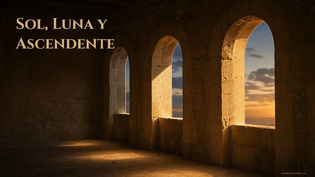 Tres arcos de piedra idénticos con una luz distinta entrando por cada uno, al atardecer