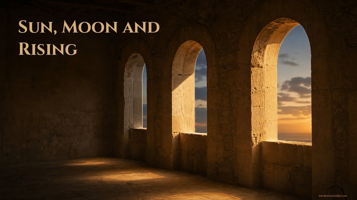 Three identical stone arches with different light coming through each, at dusk
