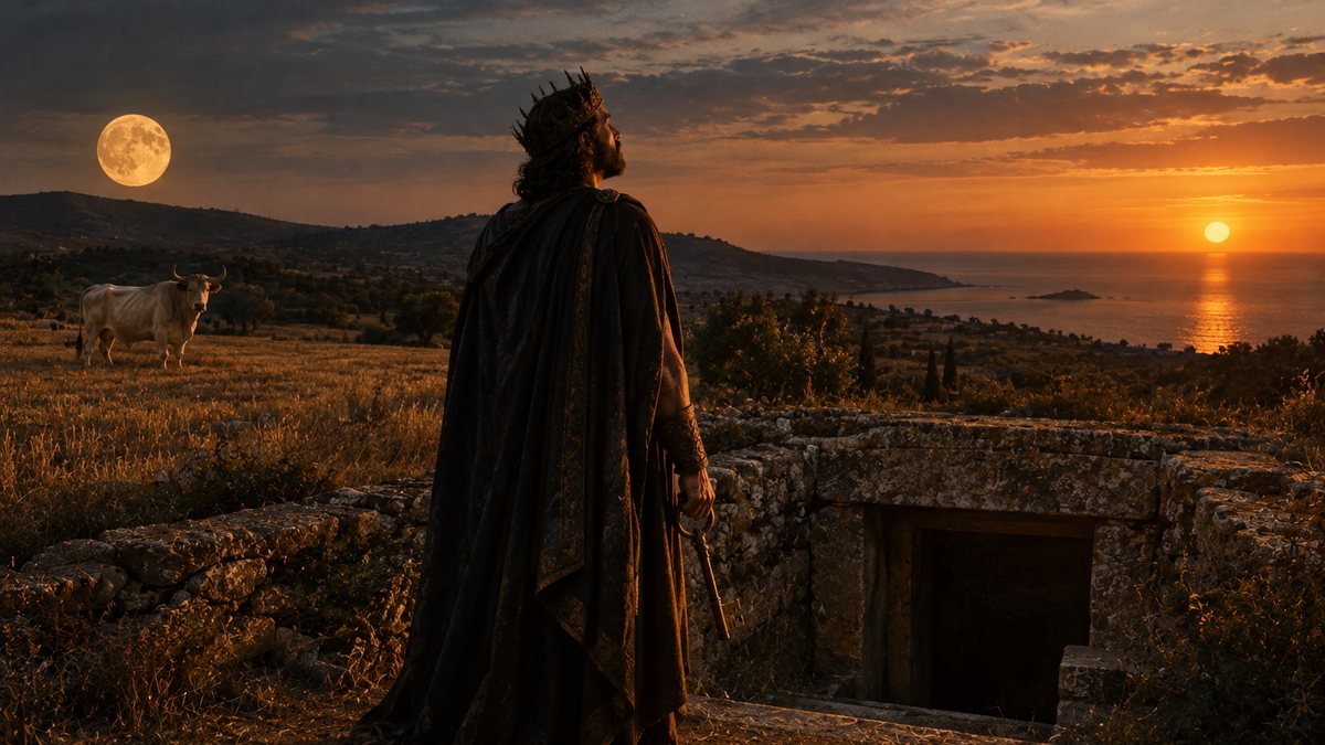 A crowned king in a dark cloak, seen from behind, holds a bronze key at the stone entrance of a tomb, between a full moon rising over a field with a white bull and the sun setting over the sea