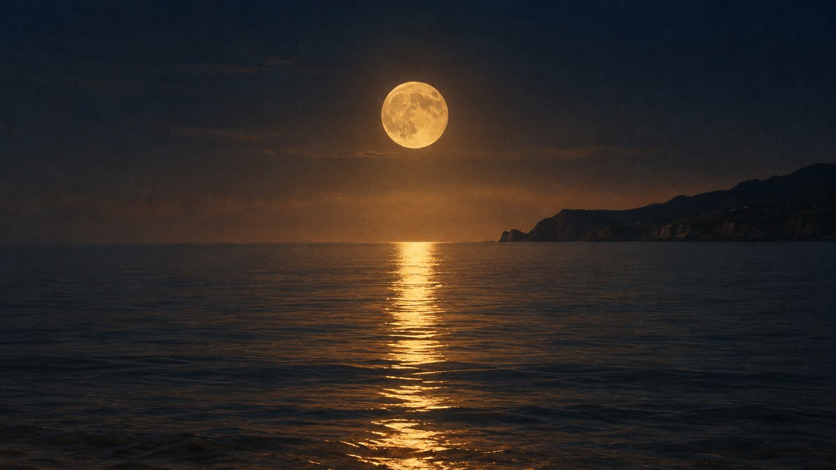 A golden full moon low over a calm Mediterranean sea at night, its reflection making a path across the water toward a dark headland