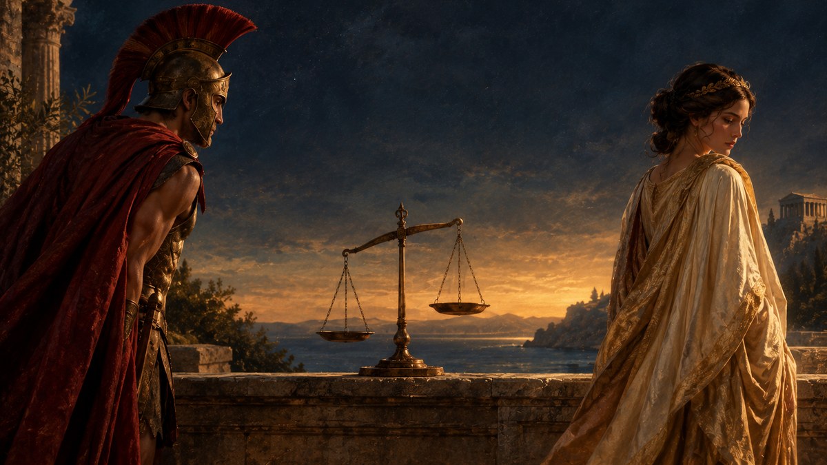 Escena clásica de Marte con casco de bronce con cresta y capa roja mirando hacia la diosa Venus envuelta en seda dorada, con una balanza de bronce sobre un muro de piedra entre los dos al atardecer
