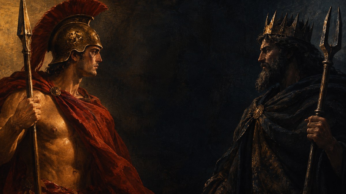Pintura al óleo clásica de Marte con casco de bronce con cresta y capa roja frente a Plutón coronado y barbado con túnica oscura, de perfil, sobre un fondo índigo profundo