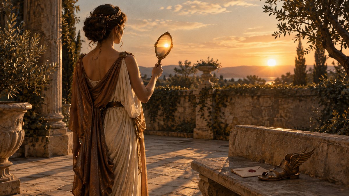 Una mujer con túnica crema y bronce, vista de espaldas, alza un espejo de mano de bronce que refleja el sol bajo sobre un muro de jardín de piedra, junto a un banco de piedra con una carta lacrada y una sandalia alada