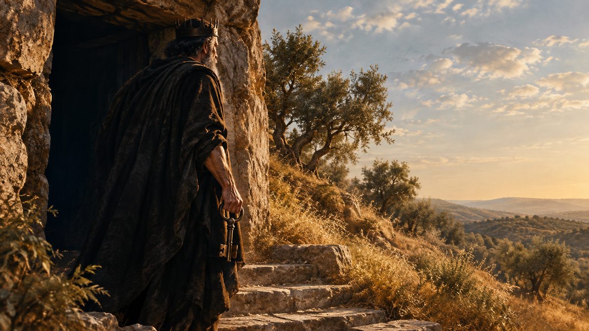 A bearded king in a dark cloak and a dark iron crown, holding a large old key at the stone entrance of a tomb, looks out over olive trees and hills at sunset