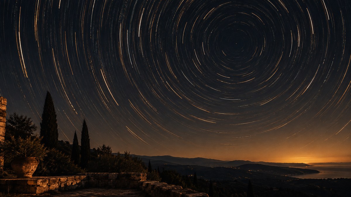 Estelas doradas de estrellas girando sobre una ladera mediterránea de noche, con cipreses y una costa lejana