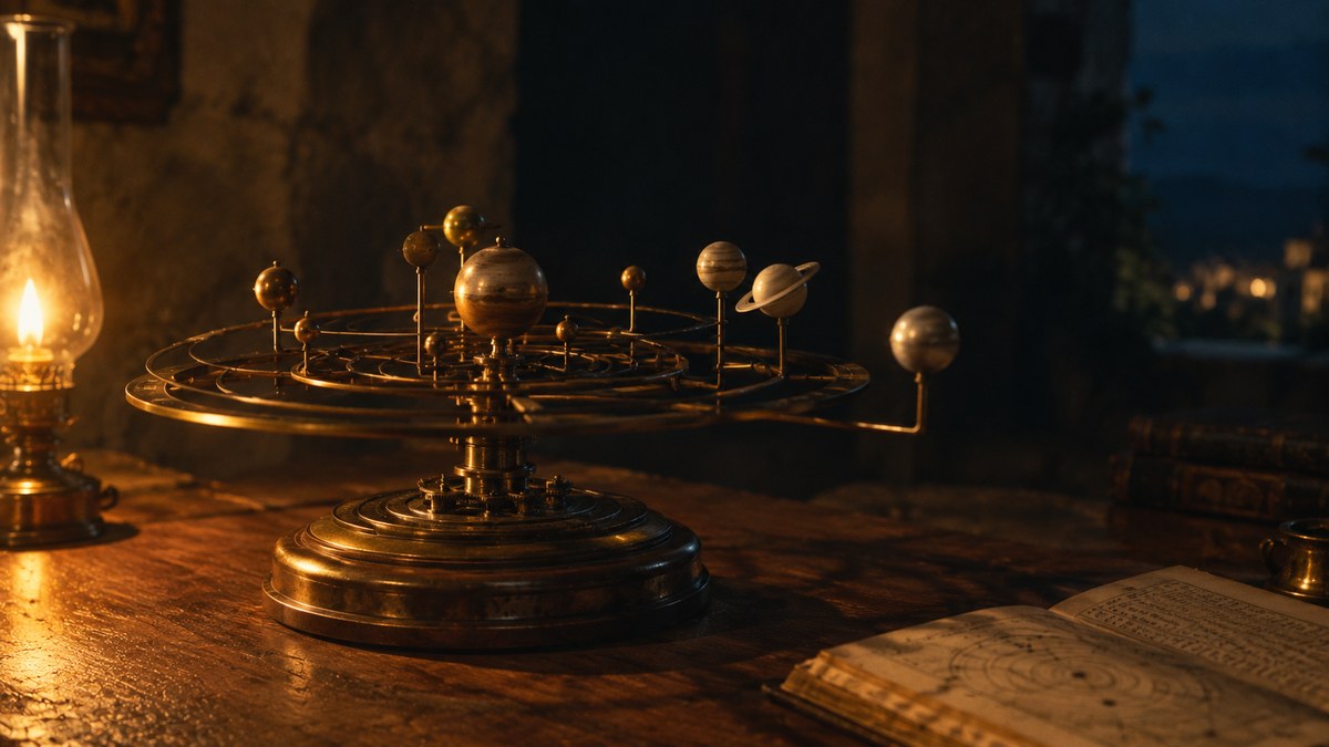 A brass orrery of the solar system on a wooden desk, lit by an oil lamp, with an open astronomical book beside it