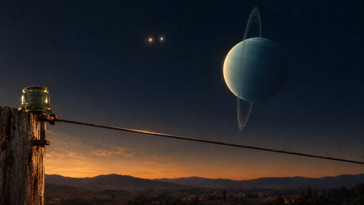 El planeta Urano, inclinado de lado con los anillos casi verticales, sobre unas colinas al anochecer, con un poste y un cable de telégrafo antiguos en primer plano y las dos estrellas de Géminis cerca